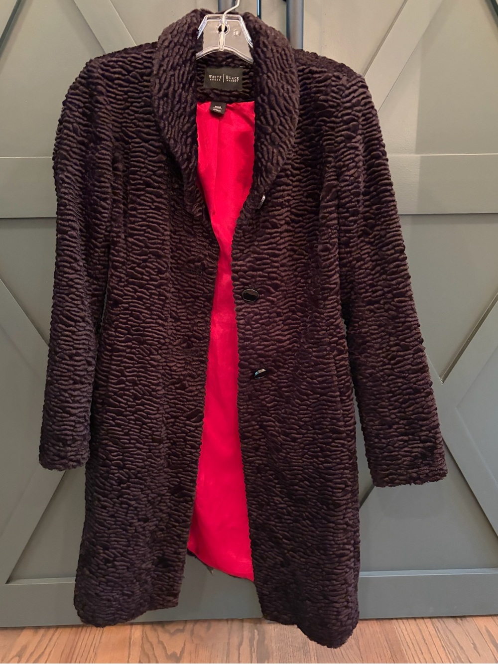 White House Black Market Black Faux-Fur Teddy Coat with Red Lining